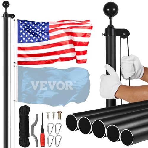 VEVOR Kit de mât de Drapeau détachable 7550 mm, mât de Drapeaux en Alliage d'aluminium Robuste dans Le Sol pour extérieur, mât de Drapeau à 3 Modes d'affichage avec Accessoires Professionnels, Noir