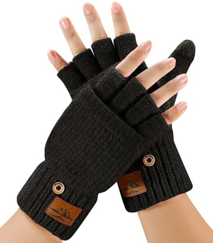 CHENMEI Fingerlose Handschuhe Herren und Damen - Halbfingerhandschuhe mit Kappe,Winter Flip Handschuhe mit Berührung,Fäustlinge mit Alpakawolle,Winterhandschuhe für Damen Herren