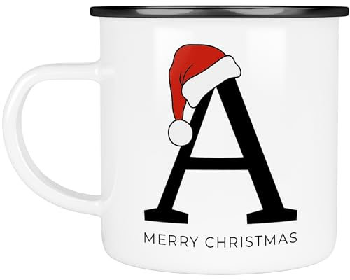 Taza de Navidad esmaltada con monograma de Feliz Navidad – Feliz Navidad – con inicial y nombre – Monograma de Papá Noel – Vino caliente (esmalte – borde negro)