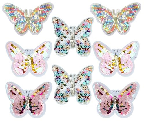 FINGERINSPIRE 8 Stück 4 Stile Pailletten Schmetterlings Stickerei 9.8x10.1x0.1cm Pailletten Schmetterlings Patches Zum Aufbügeln Applikation Für Kleidung Kleid Vorhang Haare Dekoratives Zubehör