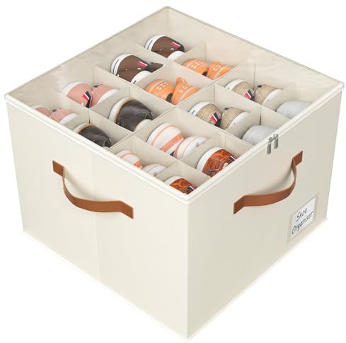Shoe Organiser - Shoe Storage Box for Closet, Shoe Storage Organiser with Zipable Clear Cover, Adjustable Dividers Shoe Boxes, Shoe Storage Fits16 Pairs - for Boots Heels Sneakers, 1 Pack Beige