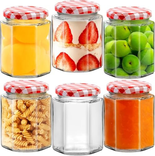 Showvigor Marmeladengläser aus Glas Mit Rotem Gingham-Deckel, 280 ml, Sechseckig Transparent Luftdicht, Zum Einlegen, Chutney, Marmelade, 6pcs