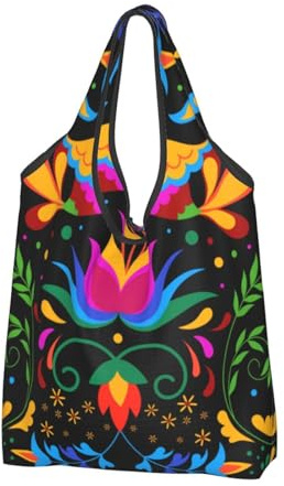 Buewutiry 3 bolsas grandes para mujer, ligeras flores mexicanas tradicionales, 1 bolsa de comestibles reutilizable, plegable, bolsas de compras para comestibles, bolsas de tela, trabajo, playa, viajes