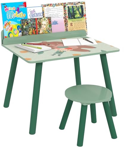 AIYAPLAY Ensemble Table et Chaise Enfant Table pour Enfant avec Chaise avec Porte-Livres Motifs d'ours pour Enfants 3-8 Ans pour Chambre à Coucher, Salon, Salle de Classe, Vert