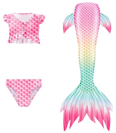 SKFLABOOF 3 Stück Badeanzug Schwanzflosse - Meerjungfrauenflosse für Mädchen Meerjungfrau-Kostüm Kinder Jugendliche mit Bikini Komm mit Zum Schwimmen 003e Rosa, 110