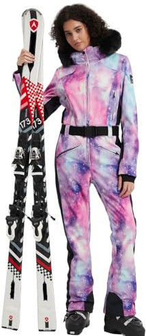 SNBOCON Women's One Piece Snowsuits Ski Suits High Collar Hood Zipper Jumpsuits Snowboard Winter Waterproof Windproof Jackets for Snow Sports(M,PPL GLX)
