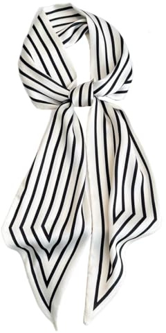 GIMIRO Écharpe en satin de soie 148 x 13,5 cm Cravate double couche pour blazer, manteau, robe, Rayures blanches et noires, 148cm x 13,5cm