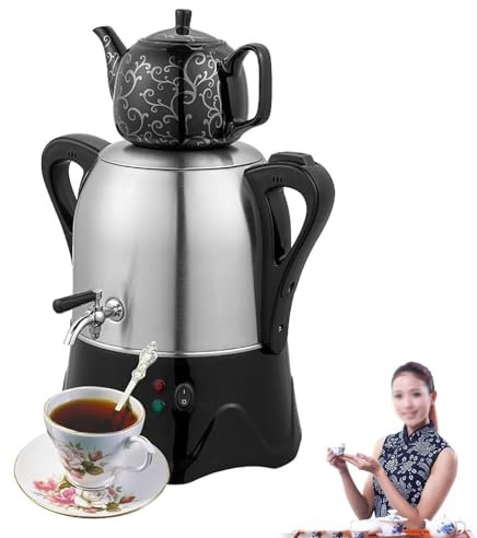 QINPI Théière Électrique Turque, Bouilloire Double Infuseur en Acier Inoxydable 2000 W, Théière en Acier Inoxydable 3 L, Théière en Céramique 1 L, avec Fonction Maintien Au Chaud