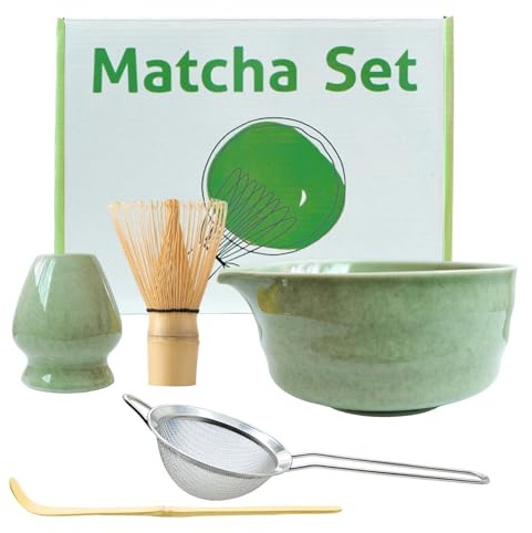 Premium Matcha Set, Macha Tee Set 5-teilig inklusive Matcha-Schale mit Ausguss 18 oz,Bambusbesen , Matcha-Löffel, Besenhalter , Edelstahlsieb ,Matcha starter Set für Matcha-Liebhaber Entwickelt