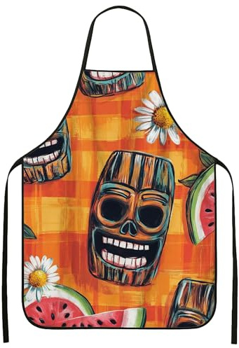 Delantal tropical Tiki para cocinar, estilo vintage, con máscaras talladas en madera, delantal culinario, para verano, barbacoa, cocina, para adultos, diversión al aire libre, Naranja, 24x31 Inch