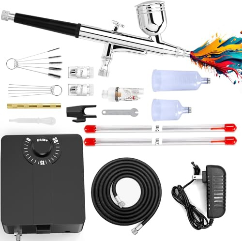 L-TIMEYUU Airbrush Kit with Compressor, 36 PSI Pressure Dual-Action Air Brush with 0.2/0.3/0.5mm Nozzles & Cleaning Set, Non-Clogging Spray Gun for Model Painting, Cake Decorating, Nail Art, Makeup