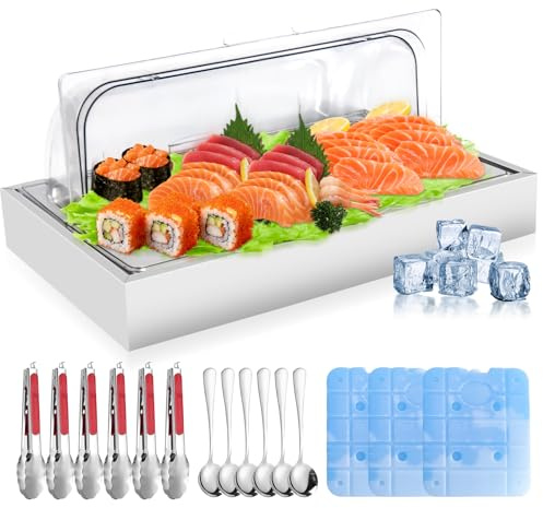 Countertop Ice Food Serving Display Tray with 1 Pan, Portable Salad Bar Buffet Station, Stainless Steel Cold Food Buffet Server with Clear Roll Top Cover, Chilled Serving Tray for Home Party Buffet