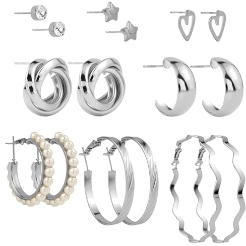 SHIYOUO 8 Pairs of Earrings Set for Women, Fashion Stud Earrings, Stainless Steel Silver Plated Hoop Earrings Set for Women, Earrings for Birthday Parties, Jewelry Gift - Silver
