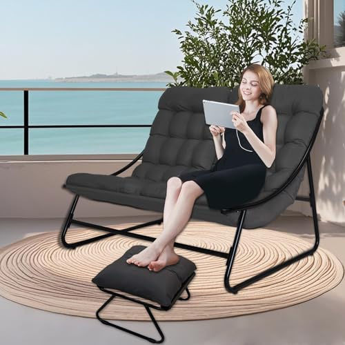 OVLRIJP Poltrona lounge per esterni, doppia poltrona da giardino per esterni, con cuscino da 8 cm, rimovibile, per 2 persone, poltrona relax per giardino, terrazza (nero/con 1 sgabello)