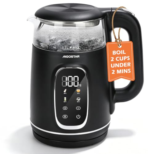 Aigostar 1.7L Smart Temperature Control Kettle (40℃-100℃)with 2H Keep Warm | 2200W Fast Boil Electric Kettle with 4 Presets, Filter, LED Display, Cool Touch, Boil-Dry Protection & Memory Function, Black