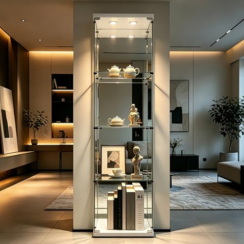 Vitrina de cristal moderna, vitrina de colección, de pie, color blanco, estrecha, vitrina de esquina, vitrina de cristal con cerradura LED (blanco, 1 puerta, 4 capas de espejo LED)