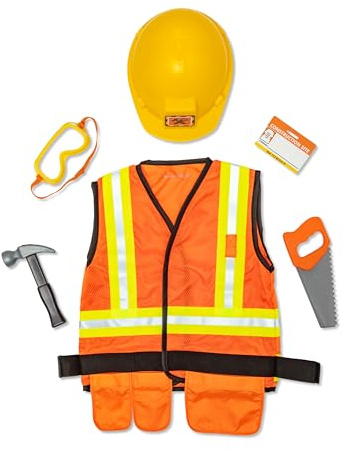 Melissa & Doug Construction Worker Role Play Costume Set Juego de simulación, telas de calidad, lavable a máquina, multicolor, 44.45 cm H x 60.96 cm W x 4.445 cm L (14837)