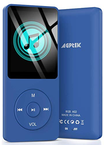 AGPTEK Reproductor MP3 de 16GB, 1.8 Pantalla con Auriculares Reproductor Deportivo Portátil, Reproductor de Música Sonido sin Pérdidas, Altavoz, Radio FM, Vídeo, Externo hasta 128GB, Azul