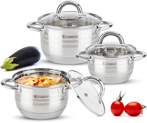 EliteHoff Set di pentole a induzione a 6 pezzi, pentola in acciaio inossidabile a 7 strati, set di 3 pentole con coperchio, per tutti i tipi di cucine (E-4304)