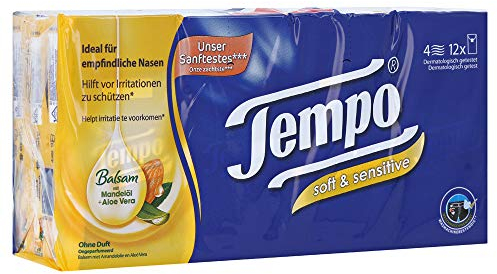 Tempo Taschentücher Plus, 4-lagige Papiertücher in bewährter Tempo Qualität mit Aloe Vera und Mandelöl, 12 x 9 Tücher (108 Tücher)