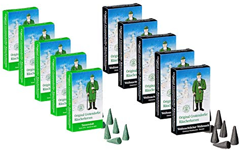 Crottendorfer Räucherkerzen 10er Set (10 x 24 Stück) – 5X Tannenduft und 5X Weihnachtlicher Weihrauch – Höhe 2,7cm, Ø 1,2cm – Angenehmer Duft mit Circa 15 Min. Brenndauer pro Räucherkegel