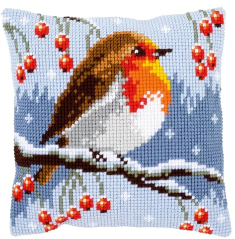 VERVACO Kit Cuscino Punto Croce PETTIROSSO Set Ricamo Principianti Cuscini Gobelin Decorativi ca. 40 x 40 cm Accessori per Lavoretti Creativi DIY Casa Decor Hobby Adulti Cross Stitch