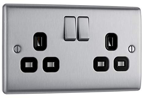 BG Electrical Double Switched Power Plug Wall Socket, Nexus Metal, Brushed Steel, Black Inserts, 13A, NBS22B
