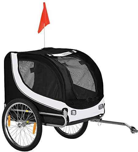 PawHut Rimorchio Bici per Cani Taglia Media con Finestre Laterali e Bandierina, Rimorchio per Bici in Acciaio e Tessuto Oxford, 130x73x90 cm, Bianco e Nero