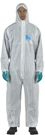Ansell AlphaTec 1500 Model 111, Einweg-Schutzanzug mit Kapuze, Chemikalienschutz Type 5/6, Wasserdichter Arbeits-Overall, Einmal-Schutzkleidung Herren Damen, Weiß, Größe 2XL (1 Stück)