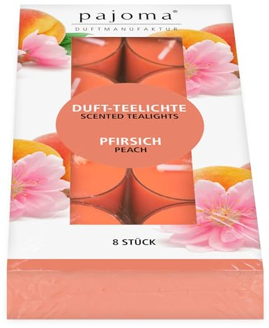 pajoma® Teelichte 8 Stück, Pfirsich | Duft-Teelichte in Polycarbonathülle, Brenndauer ca. 4 Stunden - Höhe 1,5 cm ø 3,5 cm | Premium Qualität | Deko, Gastronomie, Outdoor, Windgläser, Hochzeit