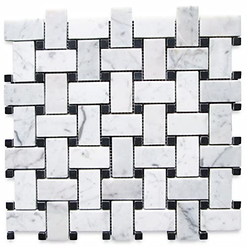Stone Center Online Carrara White Marble 1x2 Basketweave Mosaic Tile w/Nero Marquina Black Dots Polished Kitchen Bath Wall Floor Backsplash Shower (1 Sheet)