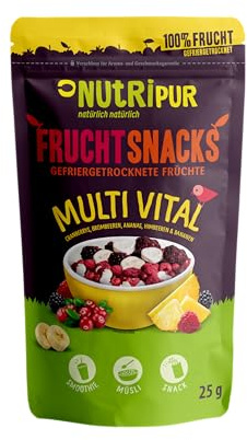 Fruktsnacks Multi Vital Fruktmix frystorkade 100 g I torkade bär och frukter osockerade I blandning av hallon, björnbär, ananas, tranbär och bananer I 100 % frukt