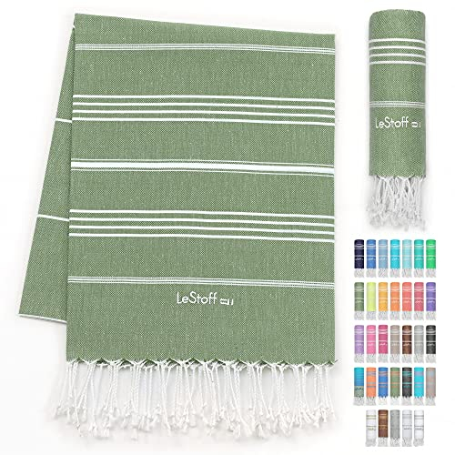 LeStoff Hamamtuch - 100% Bio-Baumwolle, 95 x 180 cm, Vorgewaschen, Saugstark, Schnelltrocknend, Leicht, Kompakt, Camping Handtuch, Reisehandtuch, Badetuch, Duschtuch, Badehandtuch groß (Olivgrün)