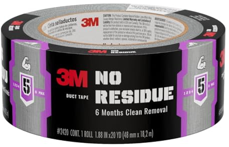 Scotch Tough No-Residue Duct Tape 1.88 in x 20 yd, Gray – Heavy Duty All-Weather Easy-Tear Cloth Tape, Residue-Free for 6 Months, Ideal for Indoor/Outdoor Repairs and Bundling