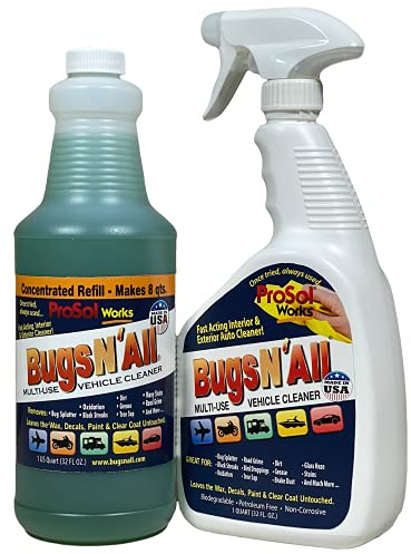 Bugs N’ All Multipurpose Car Cleaner & Degreaser - Bug & Tar Remover Concentrate 32 oz - Exterior Cleaner Safe for Car Paint, Metal, Chrome, Aluminum, Windows & Mirrors - w/Free 32 oz Spray Bottle