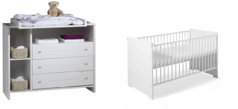 Schardt Sparset Eco Stripe bestehend aus Kombi-Kinderbett 70x140 cm (inklusive Umbauseiten) und Wickelkommode mit Wickelaufsatz