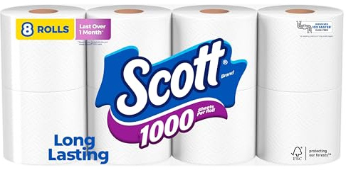 Scott 1000 Toilet Paper, 8 Rolls, Septic-Safe, 1-Ply Toilet Tissue