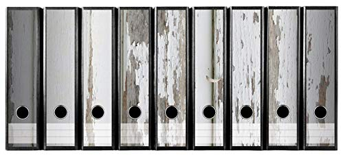 codiarts. Ordnerrücken selbstklebend | Etiketten Set für 9 breite Ordner | gestantzt mit Griffloch | Rückenschild breit | vintage alte Holzplanken mit abblättender Farbe weiss