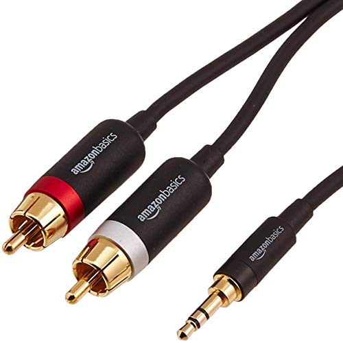 Amazon Basics Cavo audio adattatore da Aux 3,5 a 2 RCA per amplificatori, casse attive, con connettori placcati oro, 2.4 m, Nero