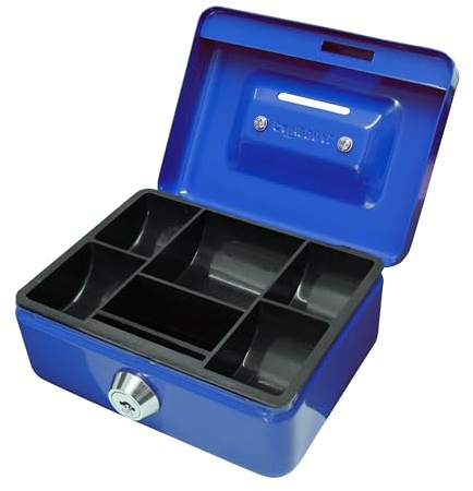 Cathedral Products - Caja de efectivo pequeña de metal con cerradura de 4 pulgadas (12,5 cm) con ranura para monedas, hucha para pequeñas cantidades, alcancía, con 2 llaves y bandeja para cambiar monedas extraíble, azul