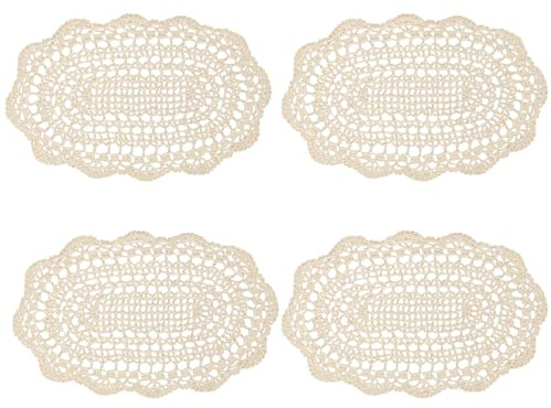 kilofly Tovagliette all'uncinetto in cotone pizzo centrini 4 pezzi, ovale, beige, 17,8 x 35,6 cm
