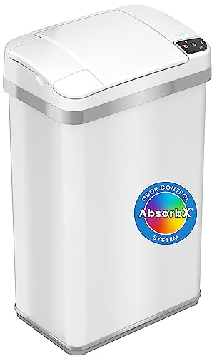 iTouchless 15 Litre Sensor Dustbin with AbsorbX Odour Filter, Touchless Automatic White Stainless Steel Waste Bin, Dimensions: 6.95 L x 10.3 W x 17.9 H (23.7 H with lid open)