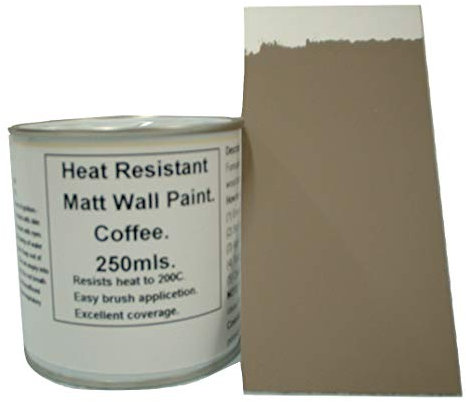 1 x 250ml Matt Coffee Heat Resistant Wall Paint. Wood Burner Stove Alcove. Brick, concrete, plaster, cement board, rendering, metal, timber etc. Cream/Brown.