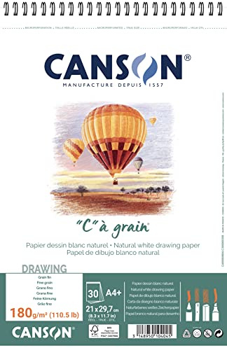 Canson ''C'' à grain, Papel de dibujo blanco, Grano fino, 180g, Espiralados sobre el lado corto, A4-21x29,7cm, Blanco natural, 30 Hojas