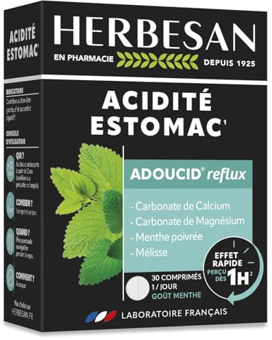 HERBESAN®-ADOUCID - Confort gastrique, Lendemain de fêtes- Chlorure de choline - Action rapide - Goût menthe - 30 comprimés à croquer