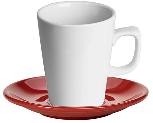 Genware Royal White Latte Mug and Red Saucer 12oz / 340ml - Set of 6 - Latte Cup with Saucer