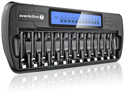 everActive Ladegerät für 12 Akkus AAA AA, schnelle Ladung - 4 Stunden Akku-Set, LCD Anzeige, Auffrischungsmodus, KFZ Adapter, Modell: NC-1200