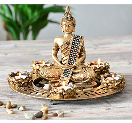 INtrenDU Buddha Dekoteller Bronze mit Teelichthaltern und Deko-Steinen