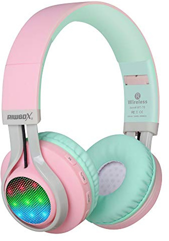 Riwbox WT-7S Kids Bluetooth Headphones Light Up, Foldable Stero Wireless Headset with Microphone and Volume Control for PC/Tablet/TV/Travel