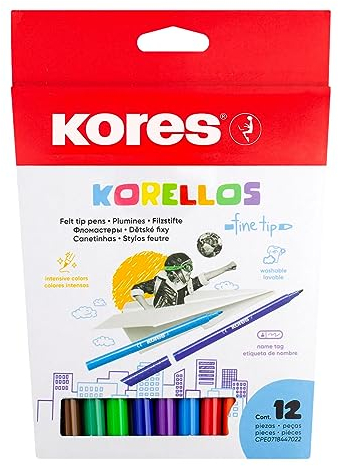 Kores - Korellos: 12 Bunte Filzstifte für Kinder und Erwachsene mit Feiner Spitze, abwaschbar und langanhaltend, Schulbedarfs-Set mit 12 sortierten Farben